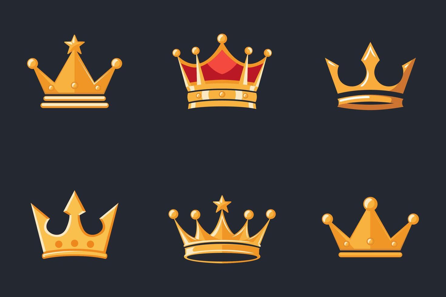 Golden Crown silhouette set. Crown symbol collection on a dark background vector