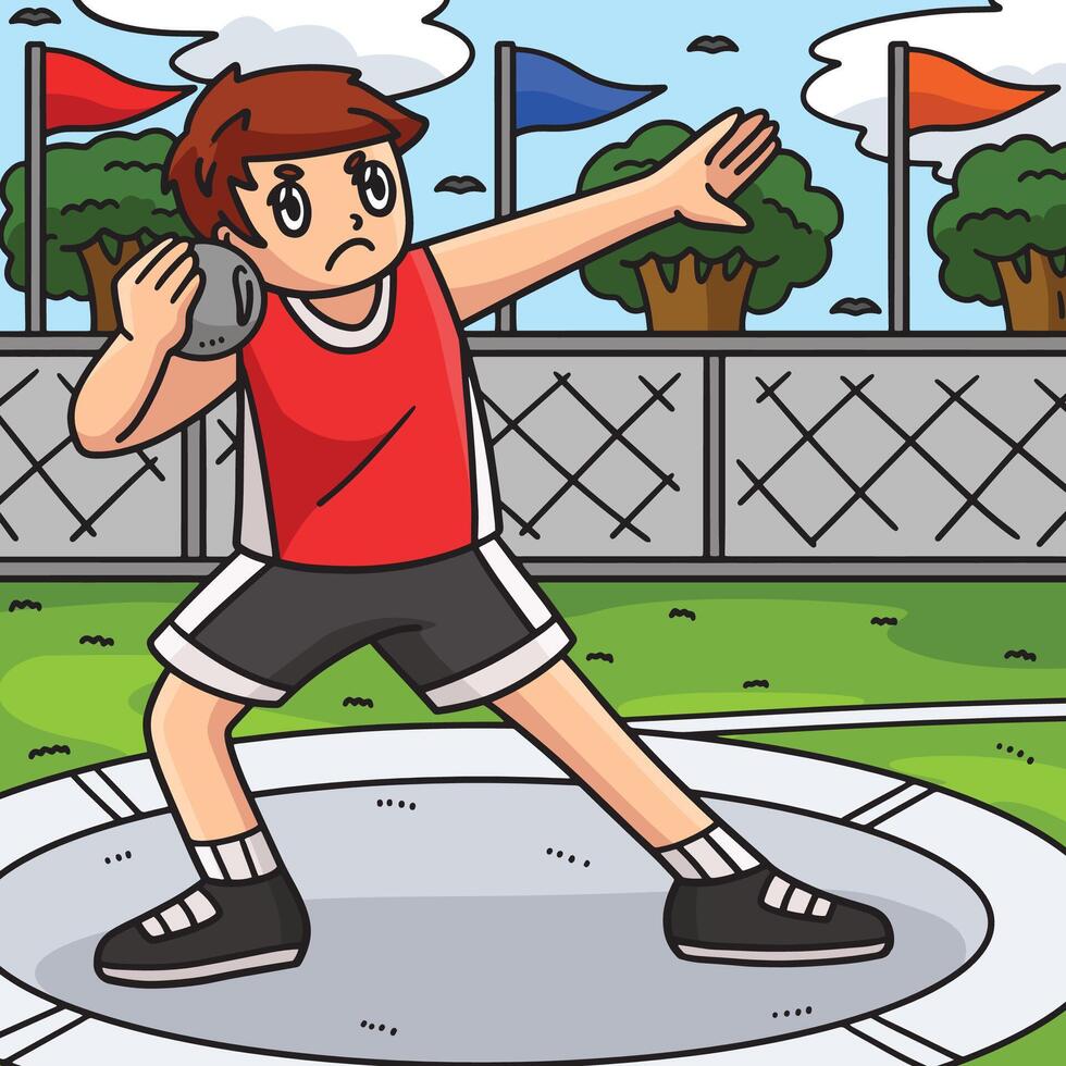 Track and Field Athlete Shot Put Colored Cartoon vector