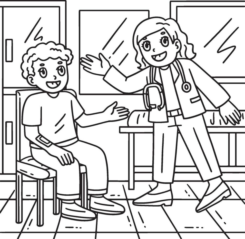 Female Doctor Talking to a Patient Coloring Page vector