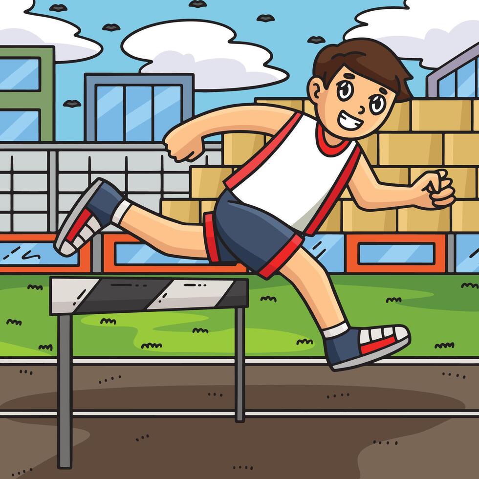 Track and Field Athlete Jumping Hurdle Colored vector