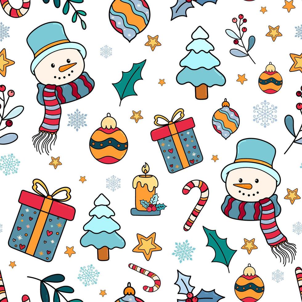 Holidays Christmas Pattern with Snowman Head, Gift Box and Christmas Tree. Hand draw Christmas Seamless pattern for fabric, wrapping paper, textile, greeting cards. vector