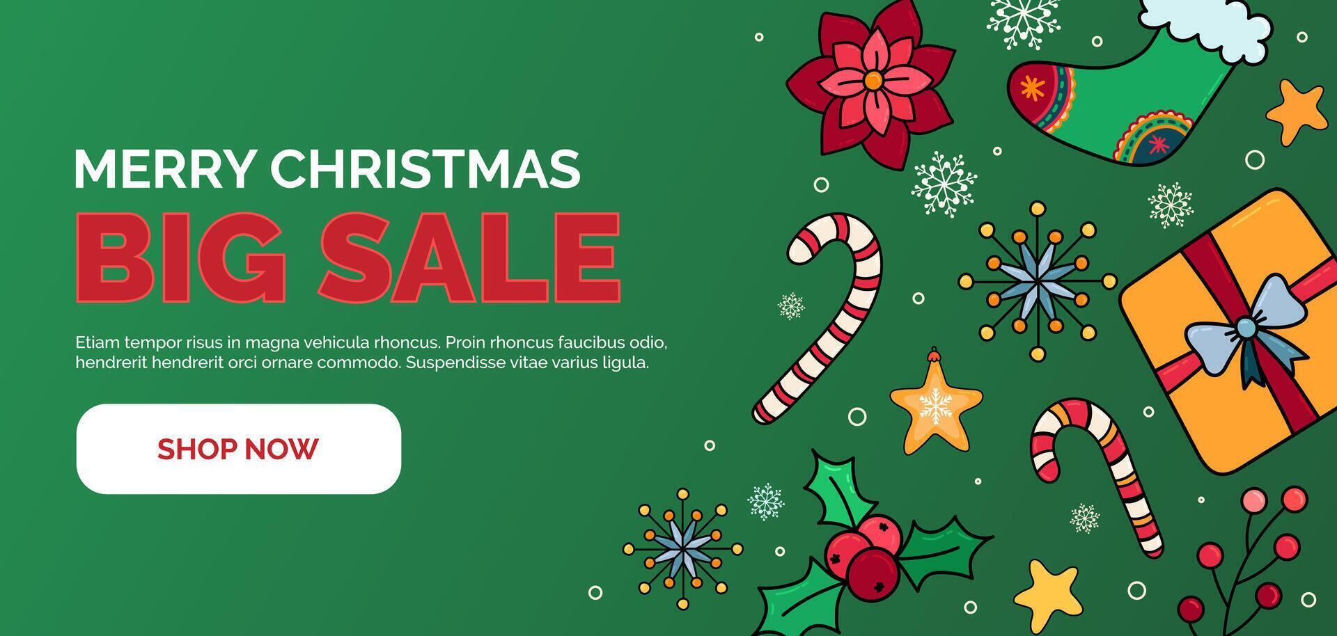Christmas sale offer banner with hand draw decorative elements and green background. Big Xmas sale promotion ad banner vector