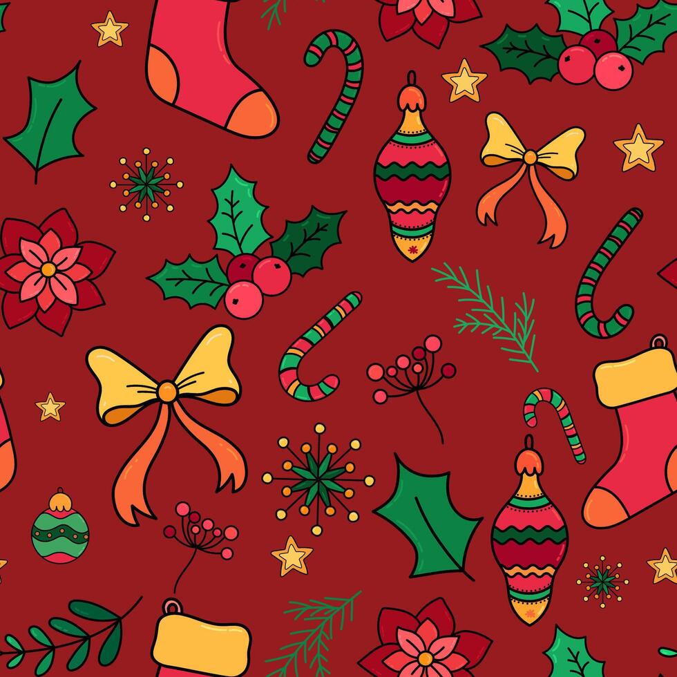 Christmas Seamless Pattern with Christmas Stockings, Holly Berry and Decorative Elements. Merry Christmas print for wrapping paper, textile, postcards vector