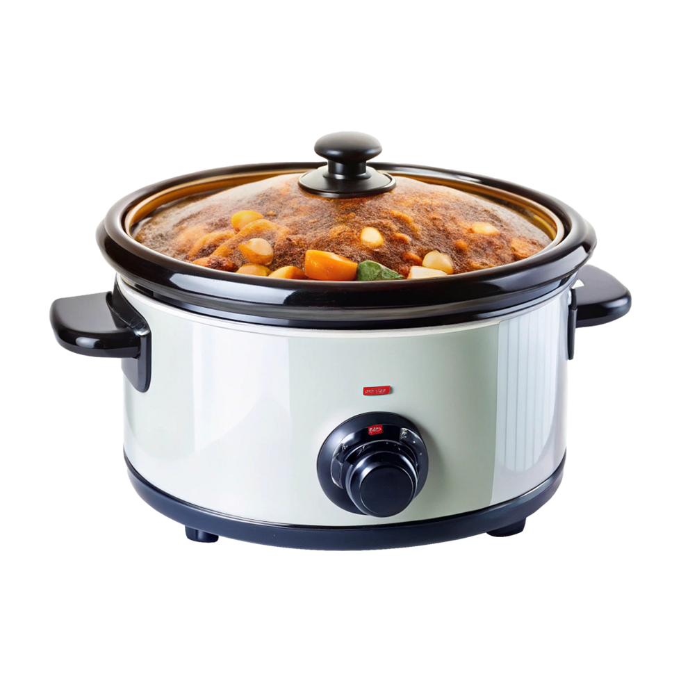 A slow cooker with vegetables and meat in it png