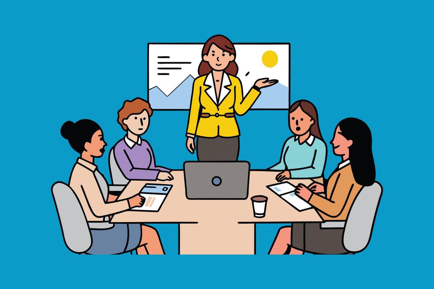 Woman delivers a business presentation to an engaged audience of professionals in a conference setting flat illustration vector