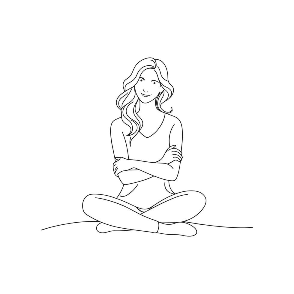 young woman sits on the floor with her arms crossed, displaying a thoughtful expression and a relaxed posture doodle line art flat illustration vector