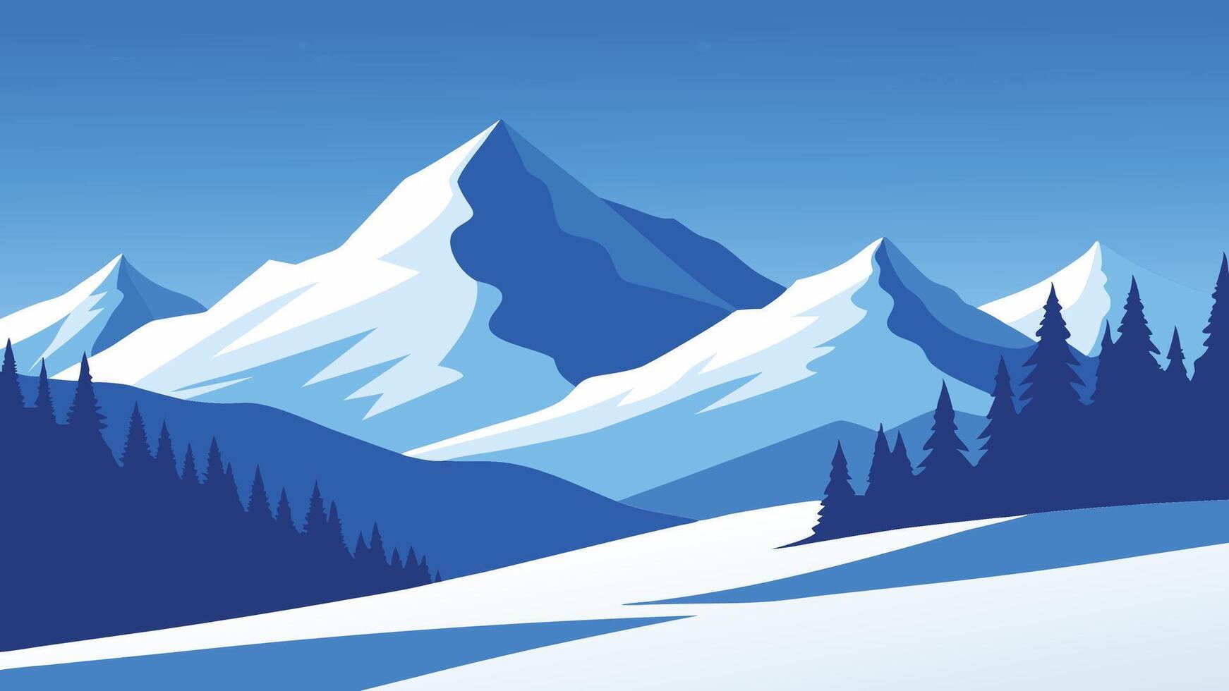 winter landscape featuring snow-covered trees and majestic mountains under a clear blue sky flat illustration vector