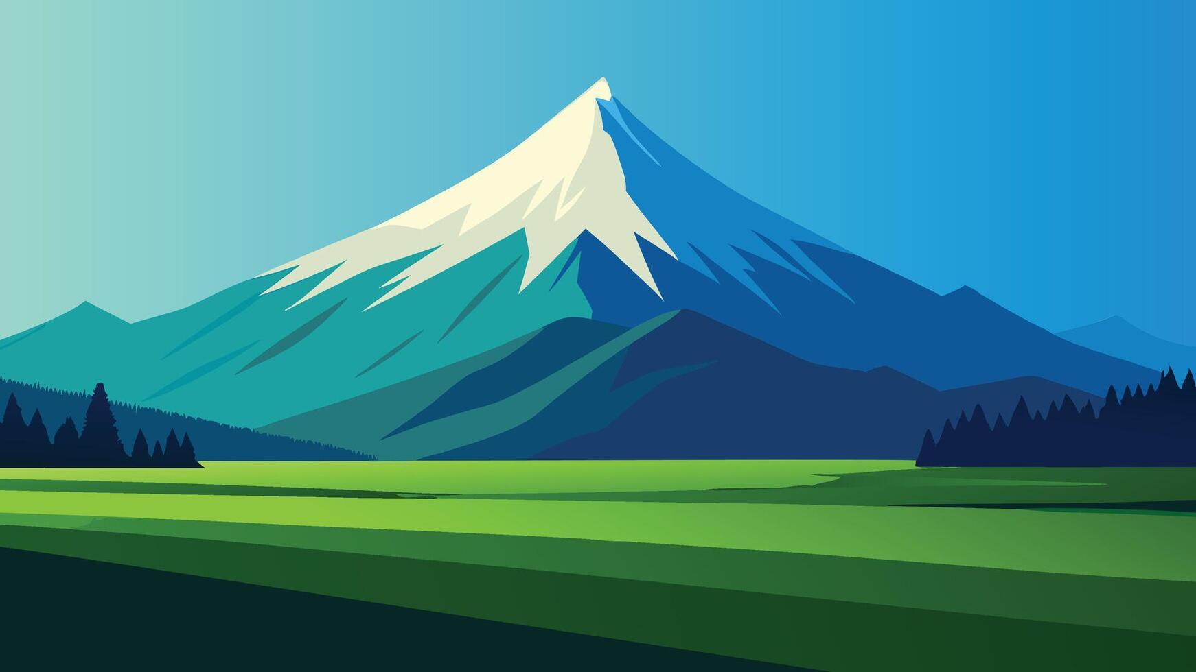 lush green field stretches out, framed by a majestic mountain rising in the background under a clear blue sky flat illustration vector
