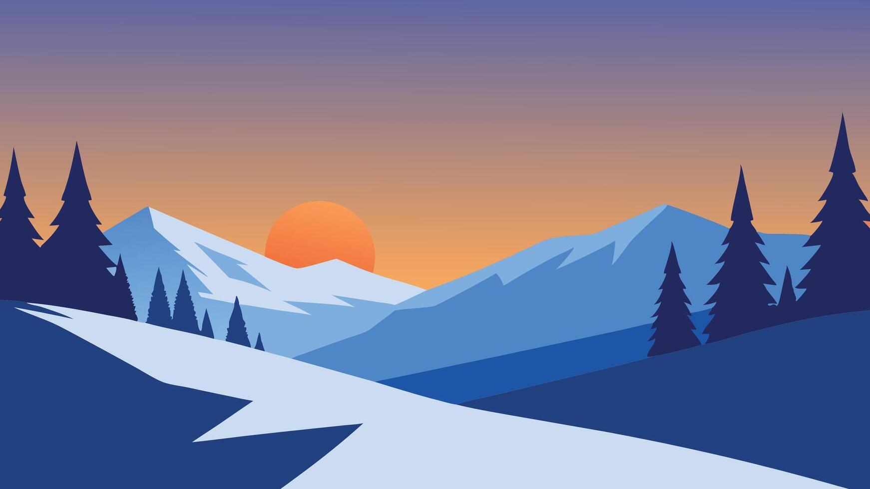 snowy landscape featuring trees under a bright sun, creating a tranquil winter scene flat illustration vector