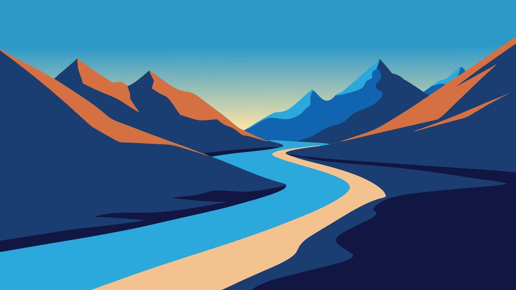 river meanders through a rocky riverbed, surrounded by majestic mountains under a clear blue sky flat illustration vector