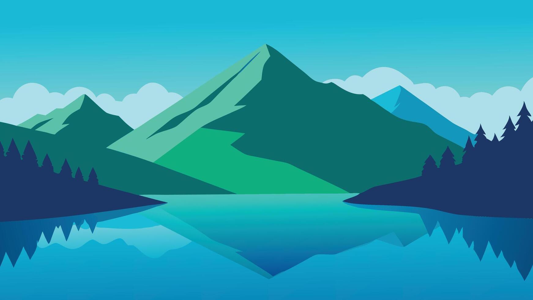 lake with green water, encircled by majestic mountains under a clear blue sky flat illustration vector
