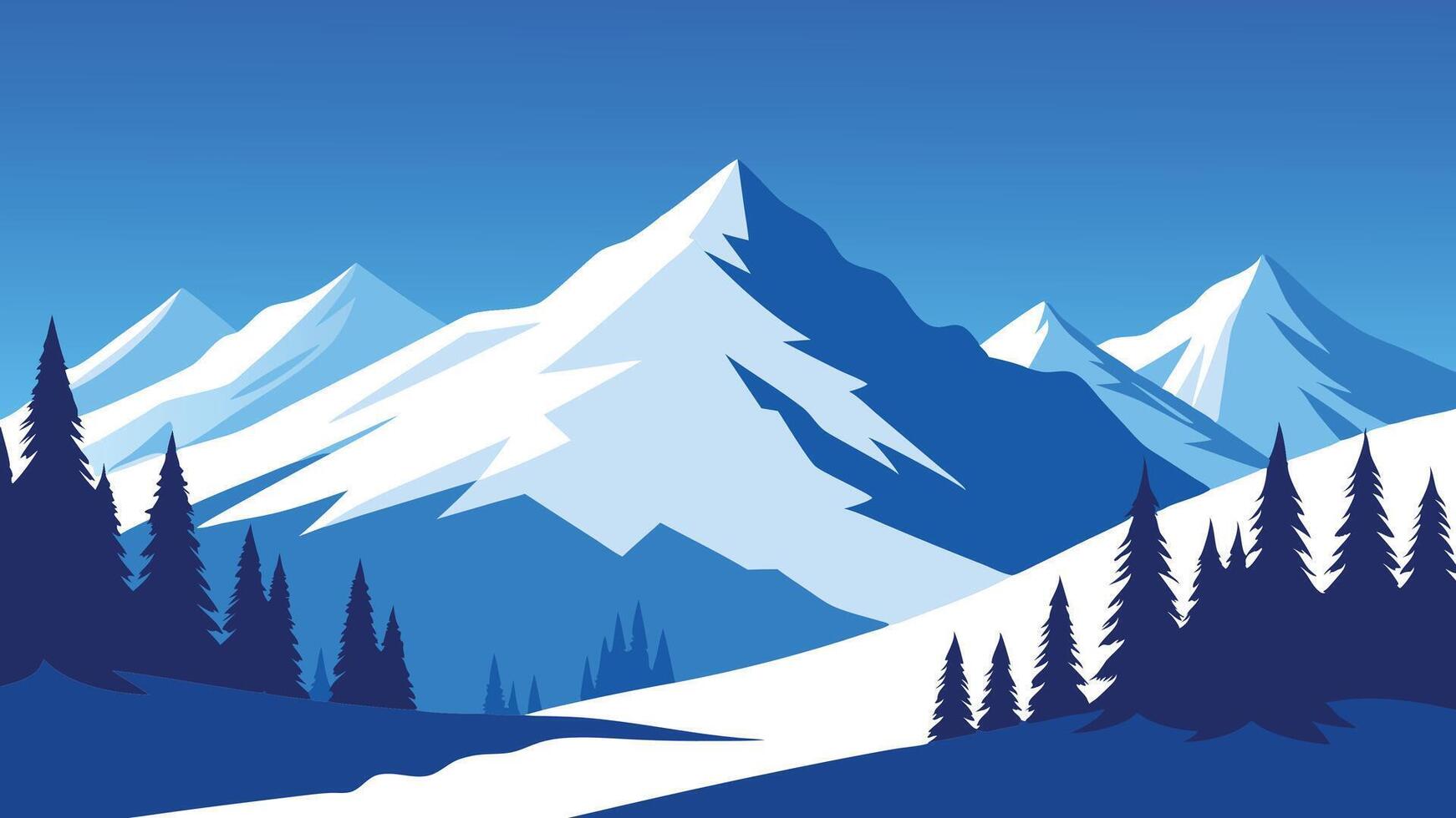Snow covered trees stand majestically in the mountains under a clear blue sky, creating a serene winter landscape flat illustration. vector