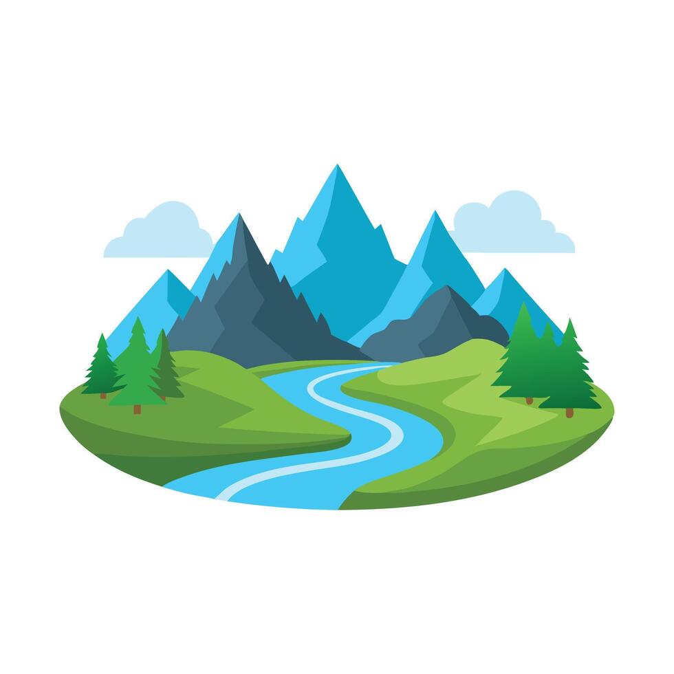 Featuring mountains and a wide river, this fantasy valley is like something out of a fairytale isolated flat illustration white background vector