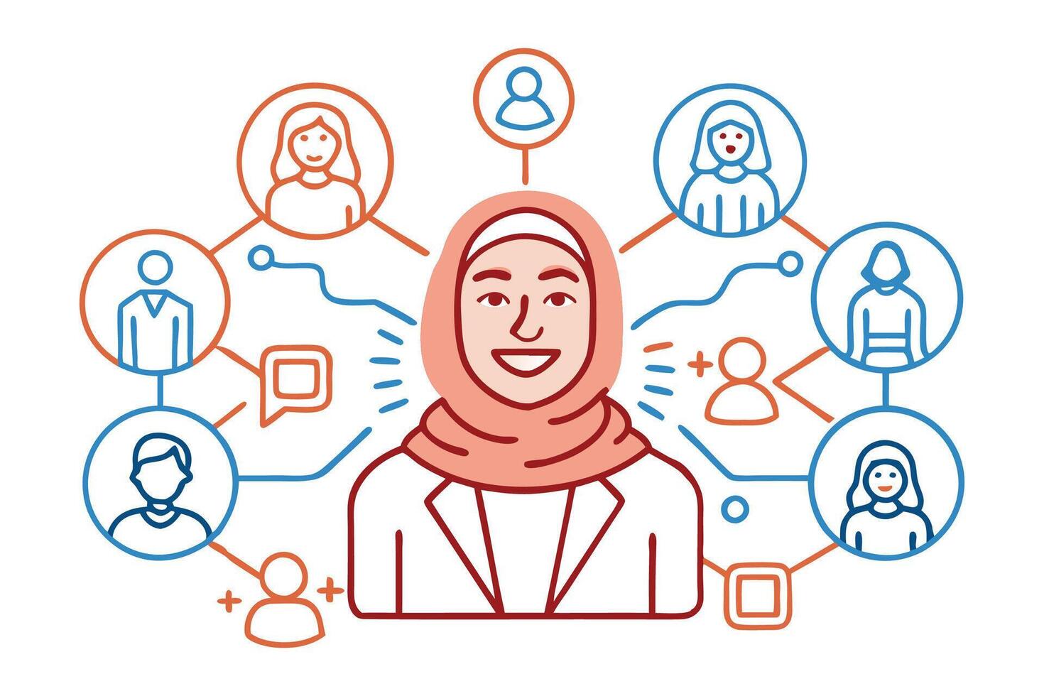 Smiling Muslim businesswoman sharing and talking during a networking event vector