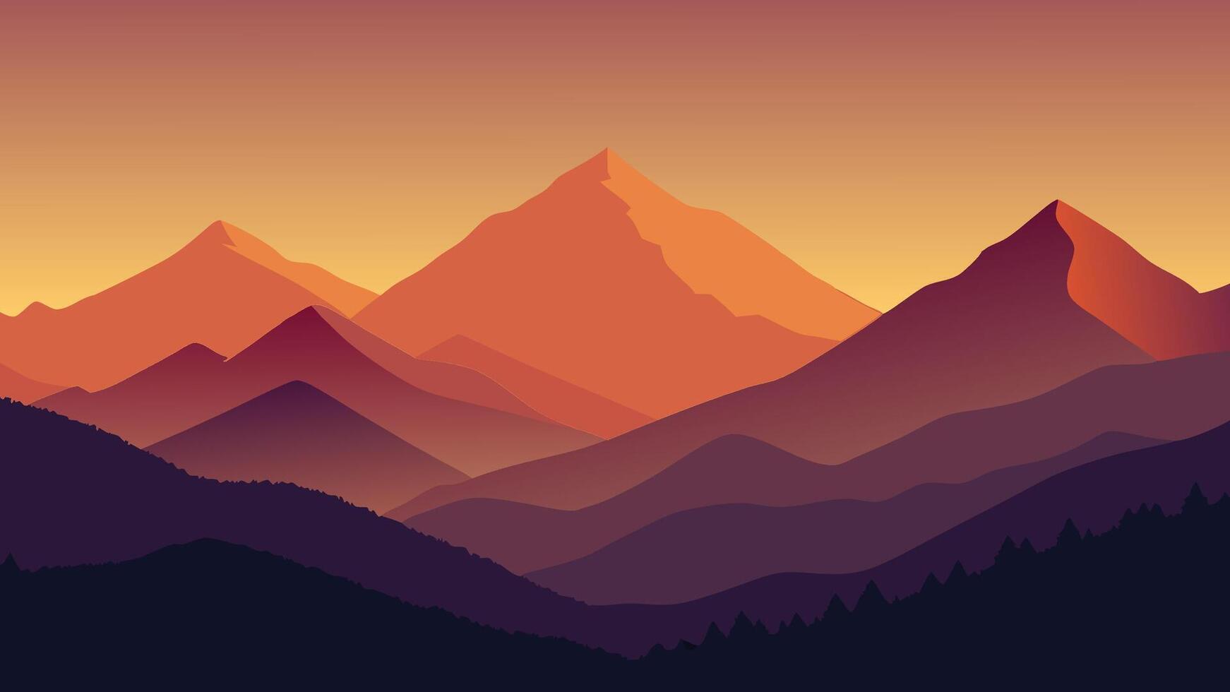 Aerial view showcasing majestic mountains and rolling hills bathed in the warm hues of a sunset flat illustration. vector