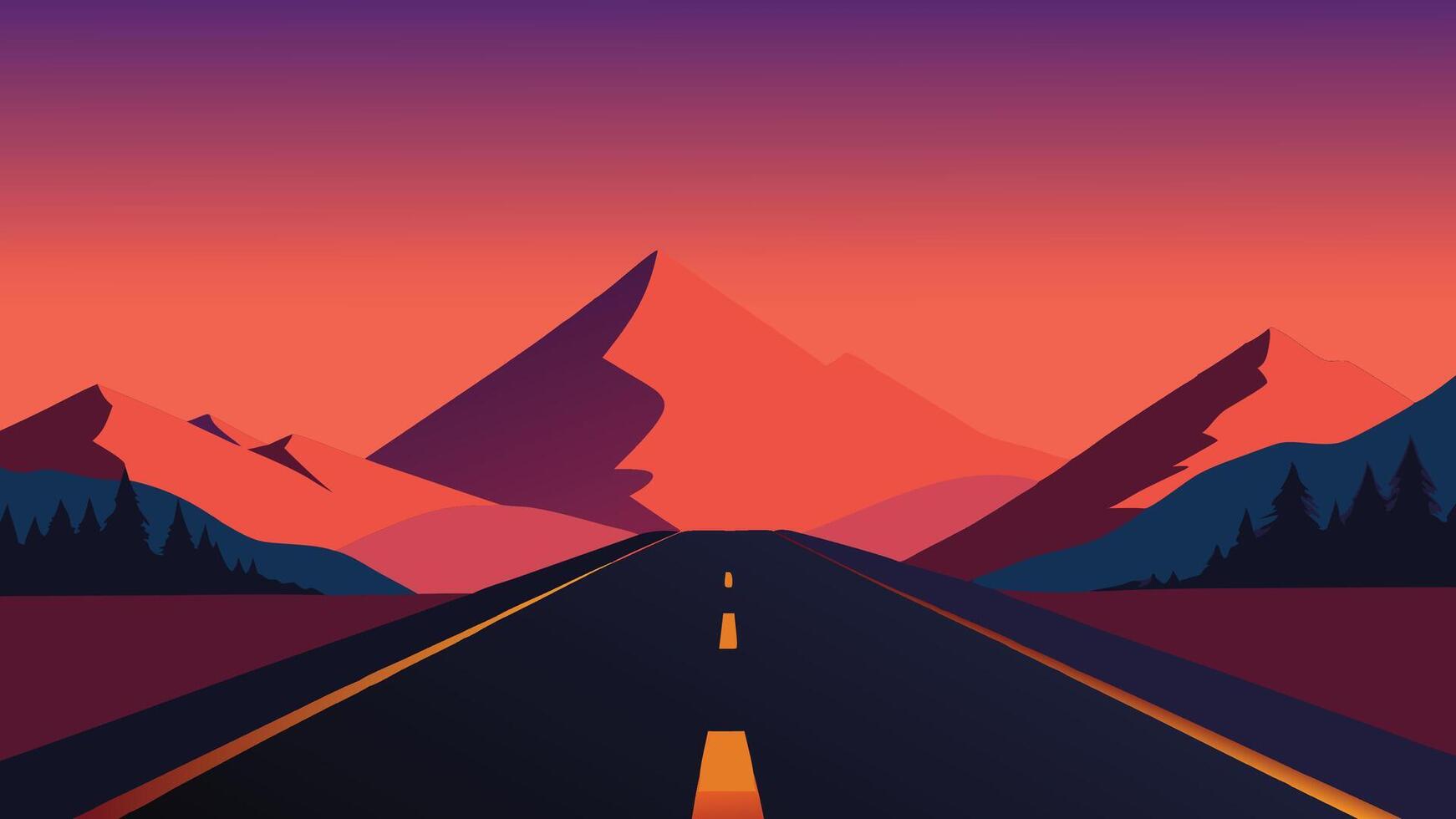 picturesque mountain road under a vibrant, colorful sky, inviting travelers to explore the natural beauty around them flat illustration vector
