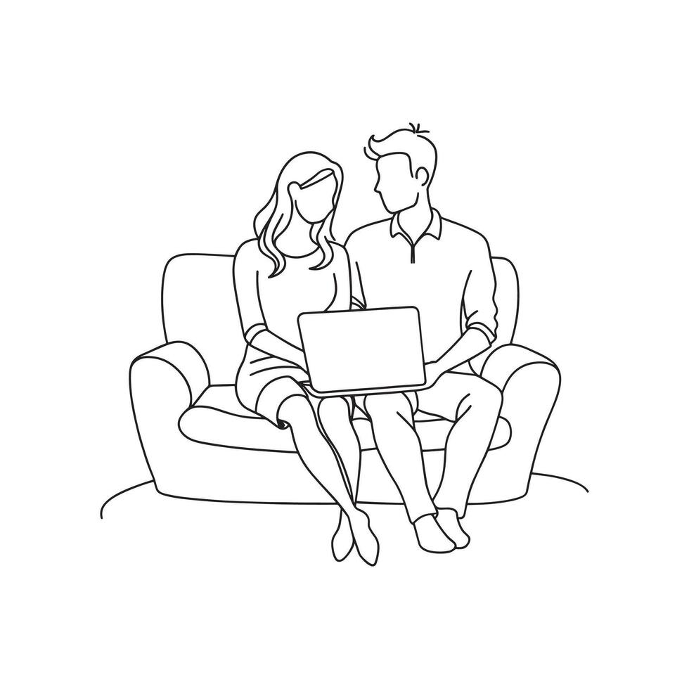 Couple comfortably seated on a couch, engaged with a laptop, sharing a moment of connection at home vector