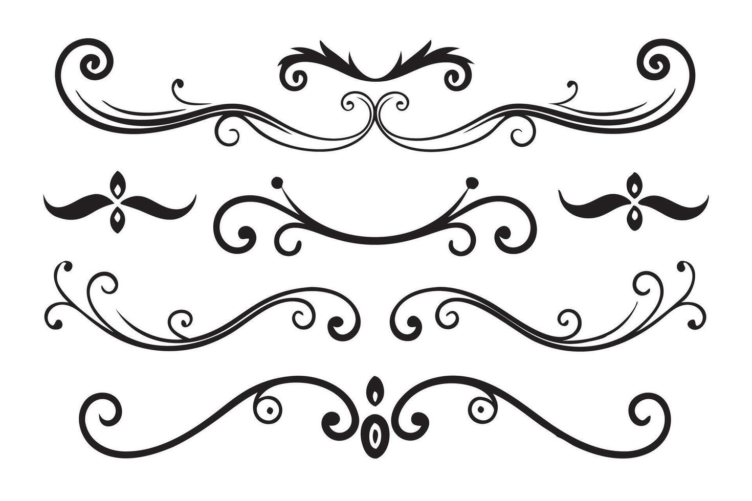 Decorative design set featuring elegant swirls and curlicues, showcasing intricate and artistic elements flat illustration. vector
