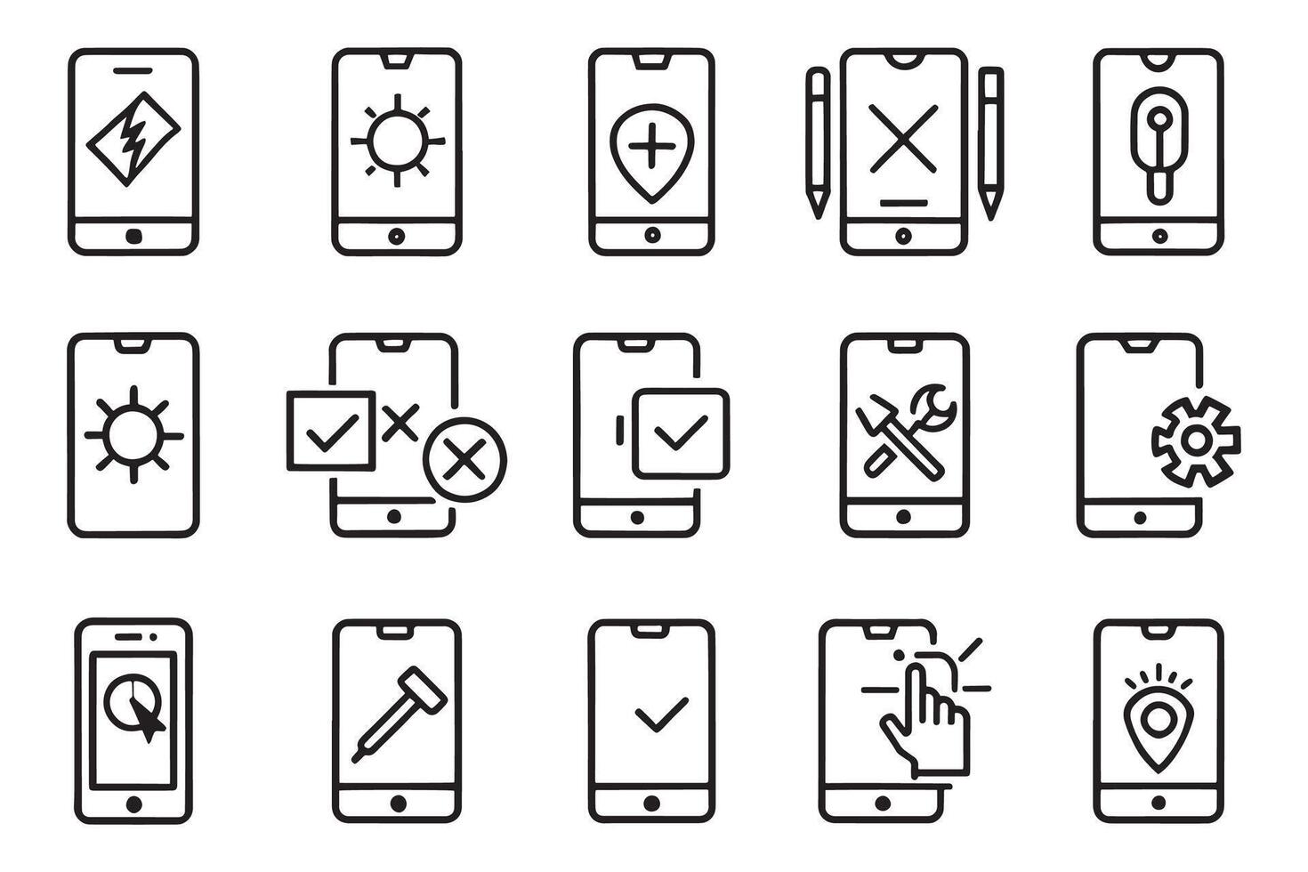Phone repair. Smartphone breakdown and recovery. Repair Center related editable icon set isolated flat illustration white background. vector