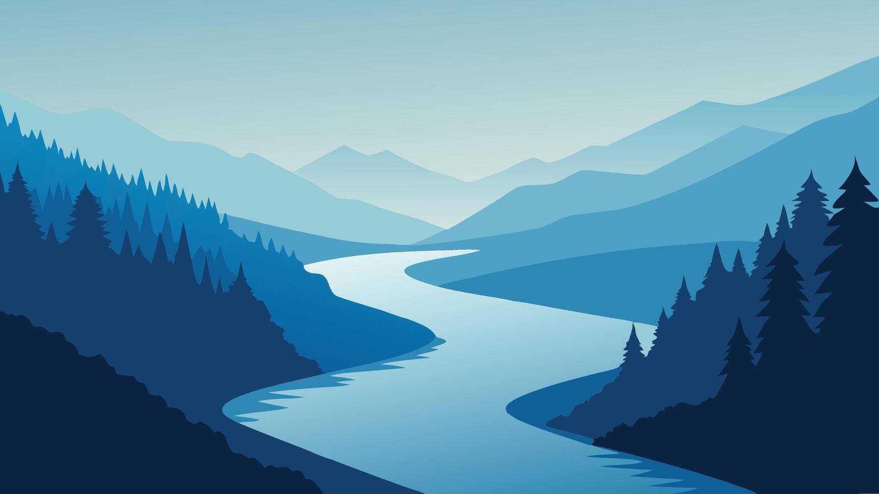 River shrouded in fog, bordered by lush trees along the tranquil shoreline flat illustration. vector