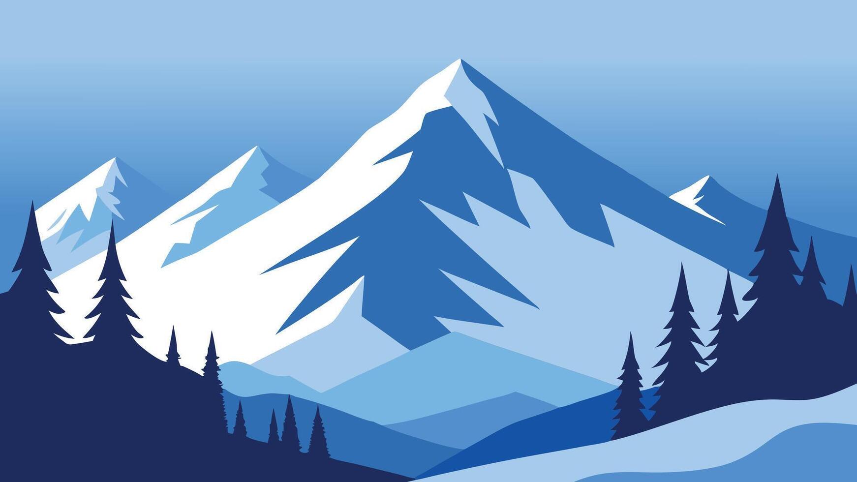 Snow covered trees stand majestically in the serene mountains, creating a picturesque winter landscape flat illustration vector