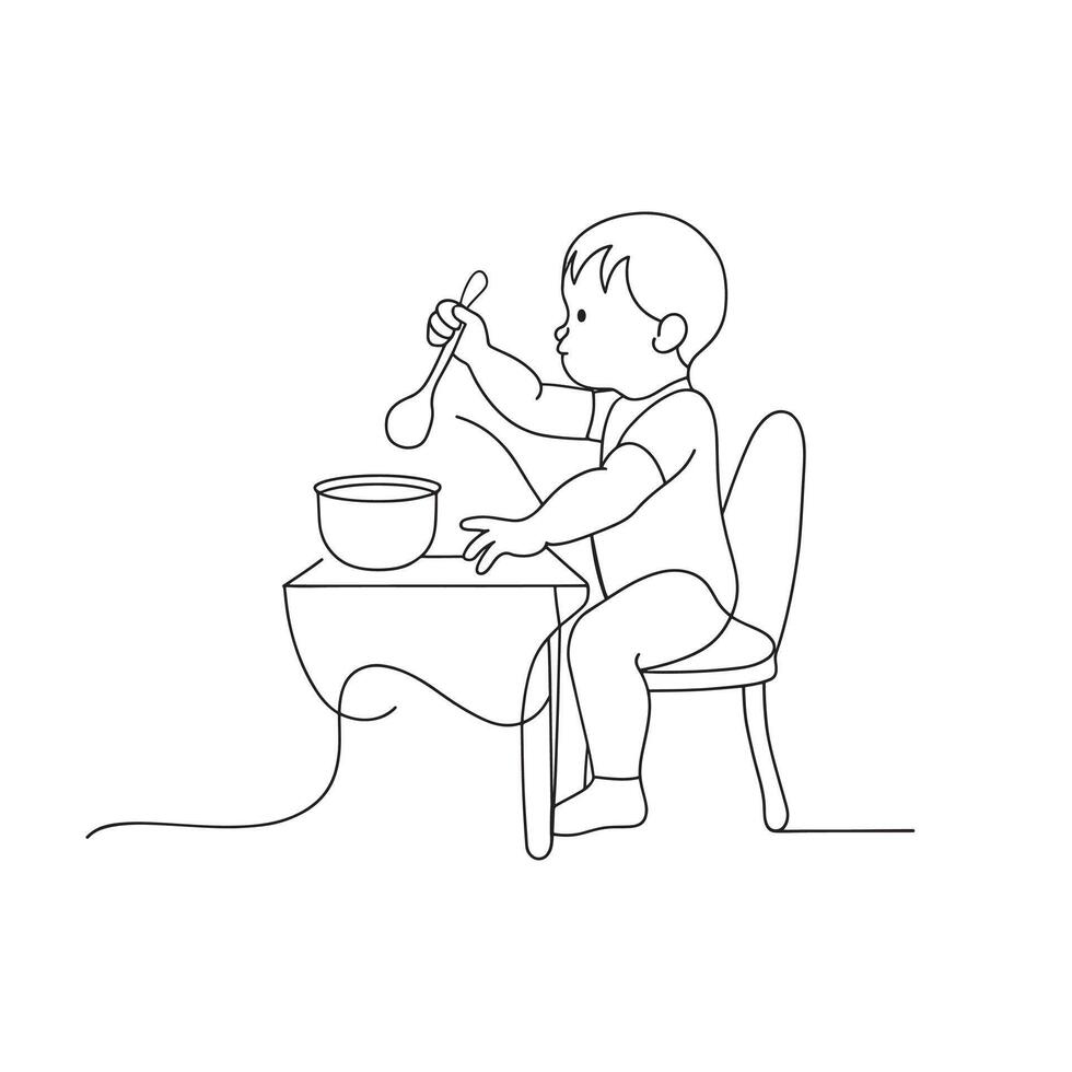 Baby sitting in a high chair, eagerly reaching for a bowl of food placed in front of them doodle line art flat illustration vector
