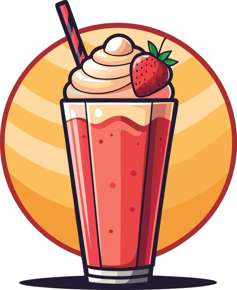 Colorful strawberry milkshake with whipped cream, topped with a fresh strawberry and served with a striped straw, perfect for summer enjoyment vector