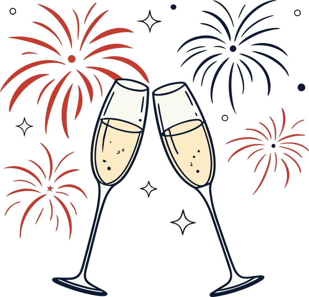 Elegant celebration of New Year's Eve with two glasses of champagne amidst vibrant fireworks lighting up the night sky vector