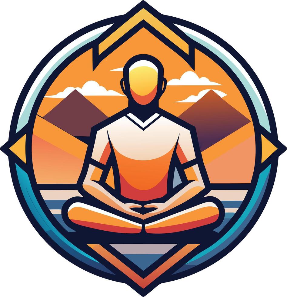 Meditation logo design featuring a serene figure in a tranquil setting with mountains, perfect for wellness and mindfulness themes vector
