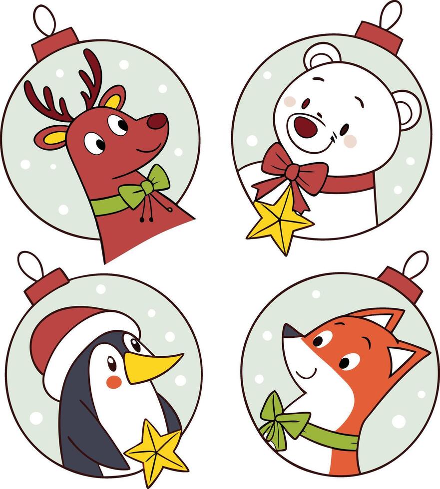 Festive cartoon ornaments featuring a reindeer, polar bear, penguin, and fox celebrating the holiday spirit vector