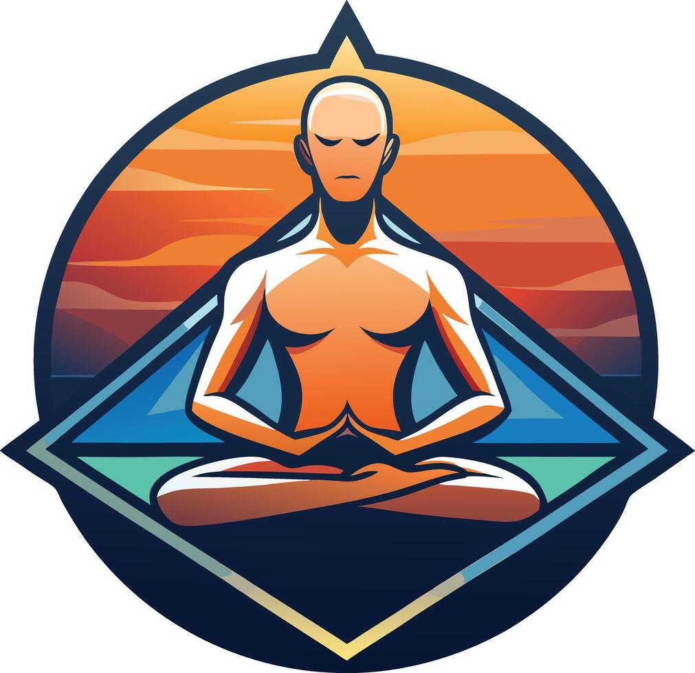 A serene meditation logo featuring a figure in lotus pose against a tranquil sunset backdrop with vibrant colors reflecting inner peace vector