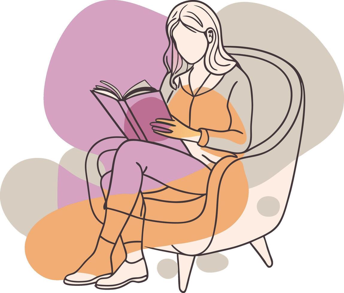 A woman enjoys reading a book while sitting comfortably in an armchair in a cozy interior setting during the afternoon vector