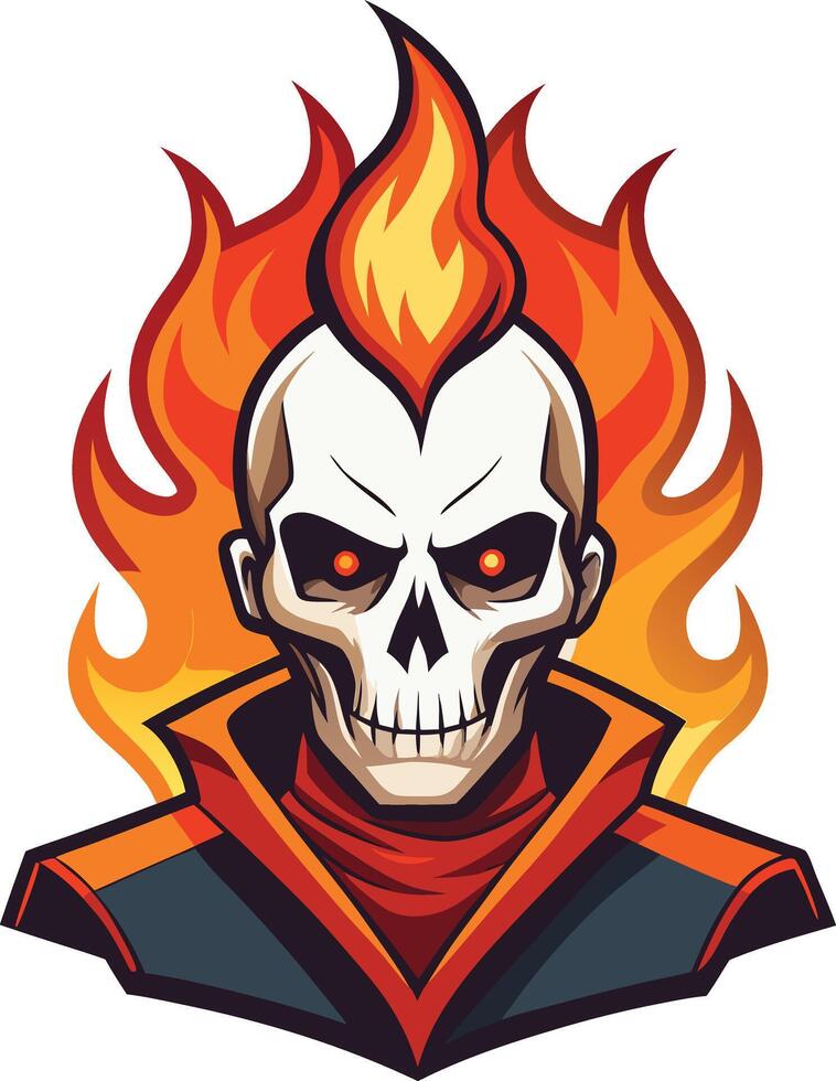 A flaming skull character with fiery hair and intense eyes in a stylized design evokes a sense of danger and mystery vector