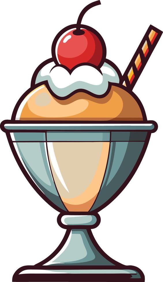 Delicious ice cream sundae with a cherry on top served in a silver dish against a light beige background vector