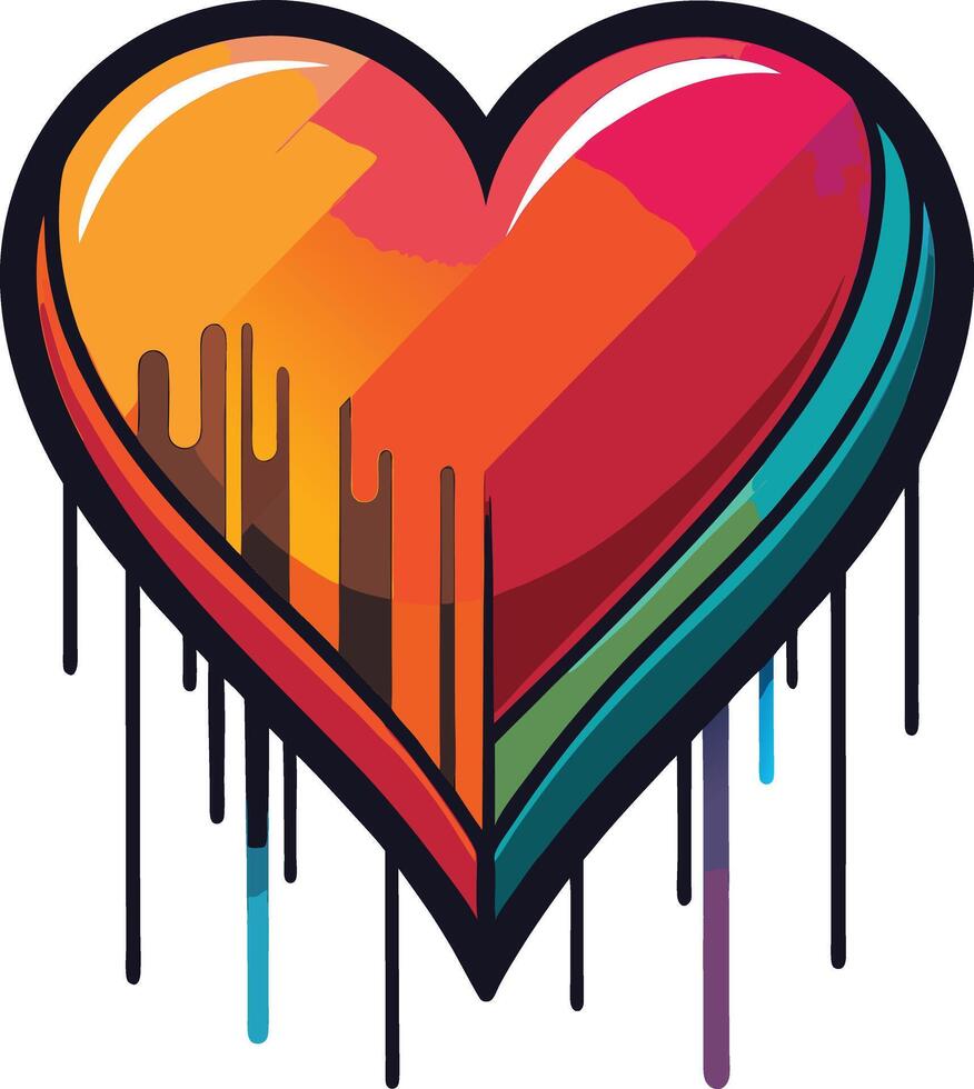 Colorful dripping heart graffiti art displayed on an urban wall, featuring a vibrant design with contrasting colors in a city setting vector