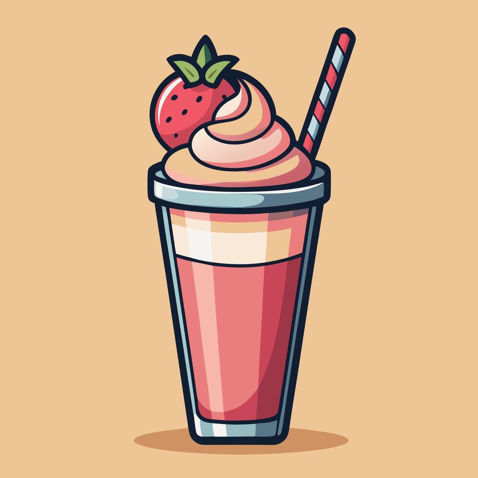 A delicious strawberry milkshake with creamy toppings and a straw served in a clear glass, perfect for a summer day vector