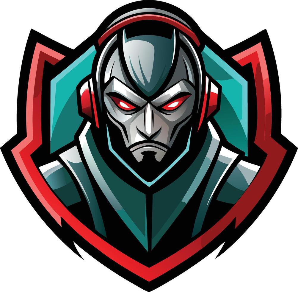 A dynamic gaming team logo featuring a fierce, armored character with glowing eyes and headphones, showcasing a modern design vector