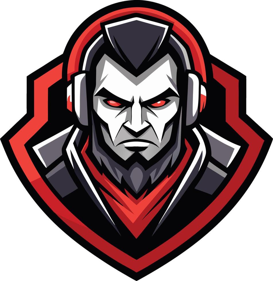 A fierce esports logo featuring a warrior with headphones set against a striking red and black background vector
