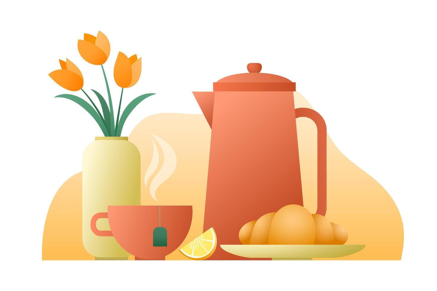 Morning breakfast concept. Croissant pastry with tea, coffee. Sweet bake dessert design and vase with flowers. Gradient isolated illustration vector