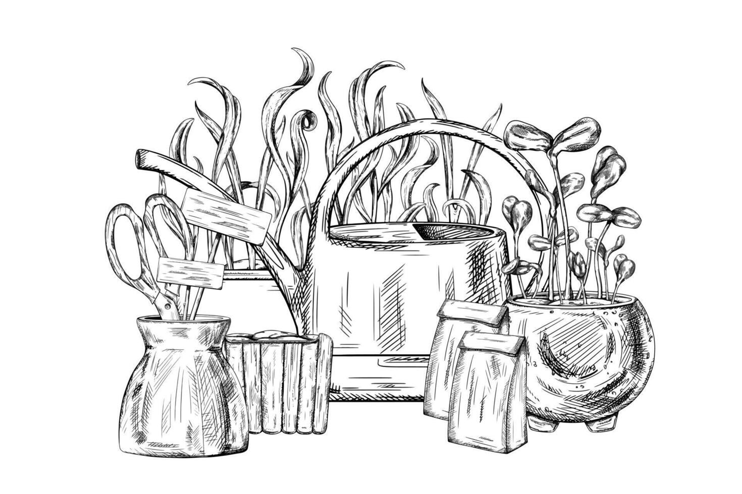 illustration of working tools, watering can. Tools for landscaping garden and house territory. Eco-cultivation of plants. Sustainable gardening. Isolated illustration in black ink graphically vector