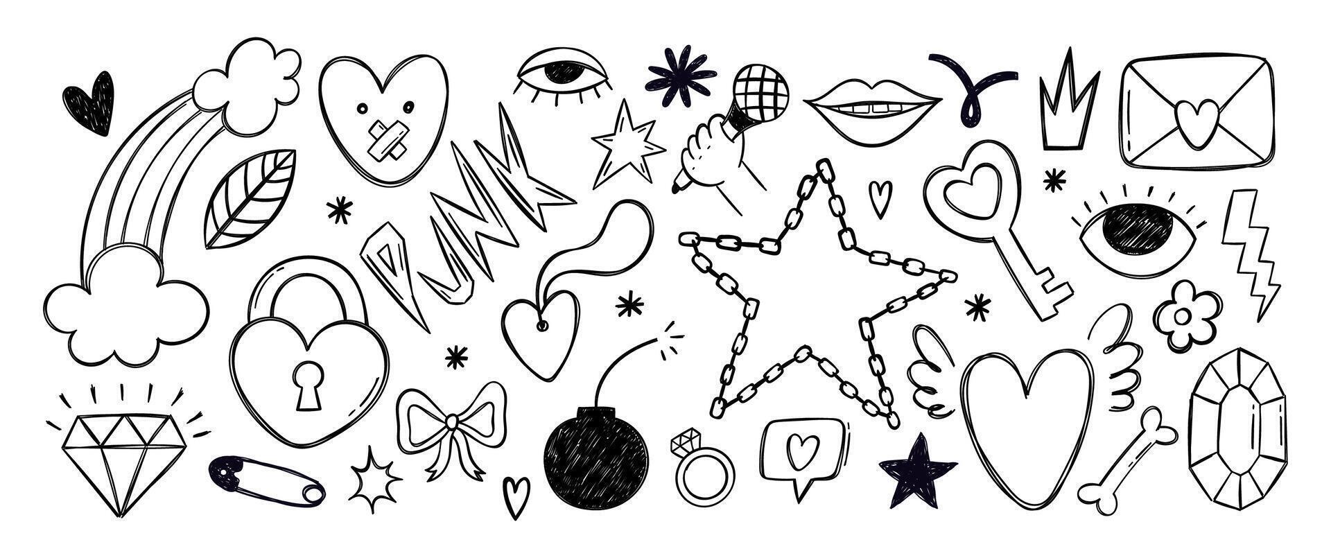 Set of punk and rock elements for girl in hand drawn style with pencil texture. Cartoon illustration with heart, lock, eye and bomb. vector