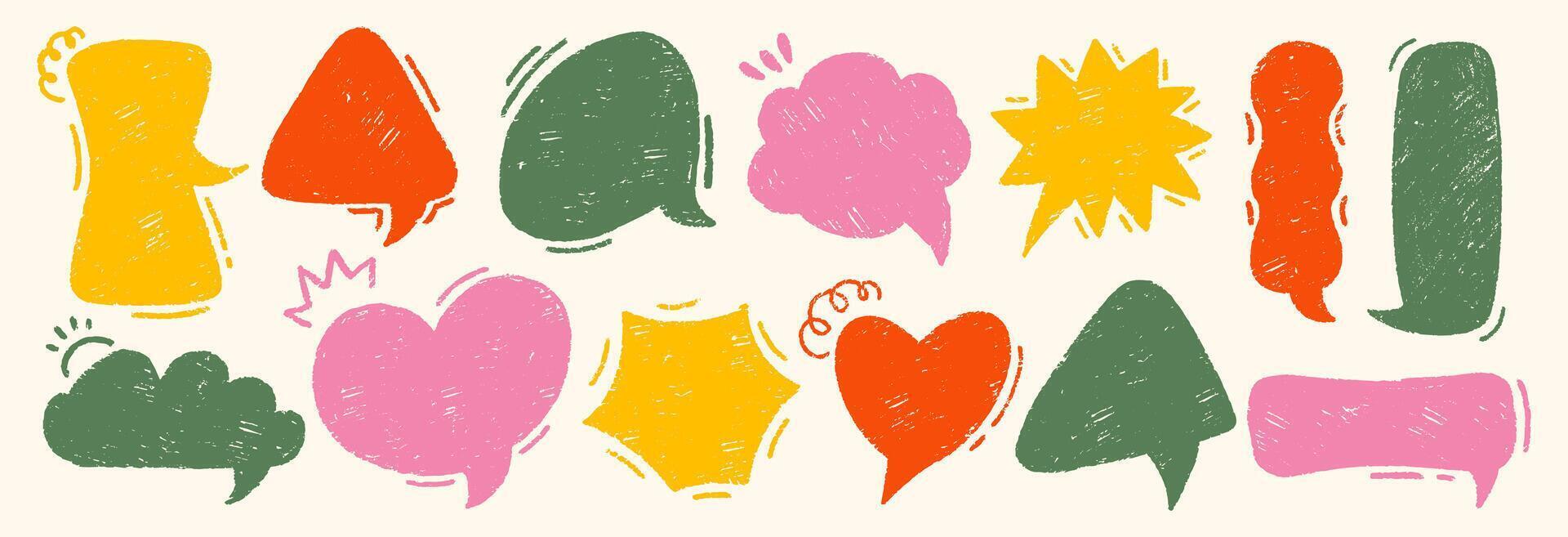 Hand drawn sketch elements of speech bubble with crayon, chalk or pastel texture. Colorful illustration on a beige background. vector