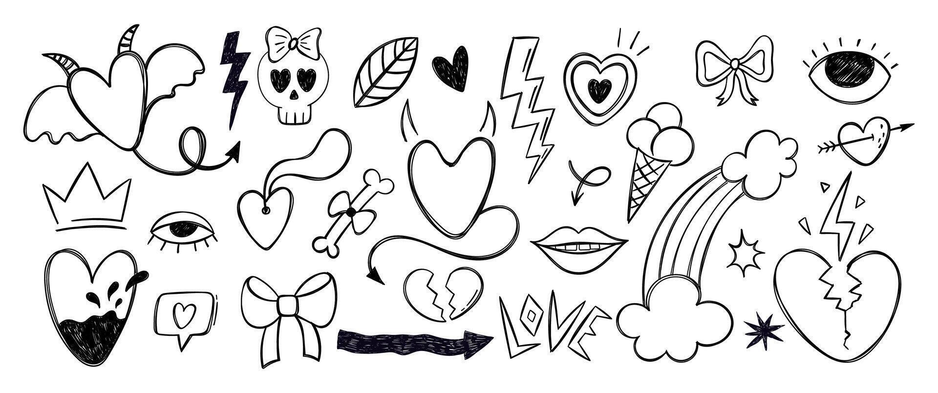 Set of punk and rock elements for girl in hand drawn style with pencil texture. Cartoon illustration with heart, ice cream, eye and lightning. vector