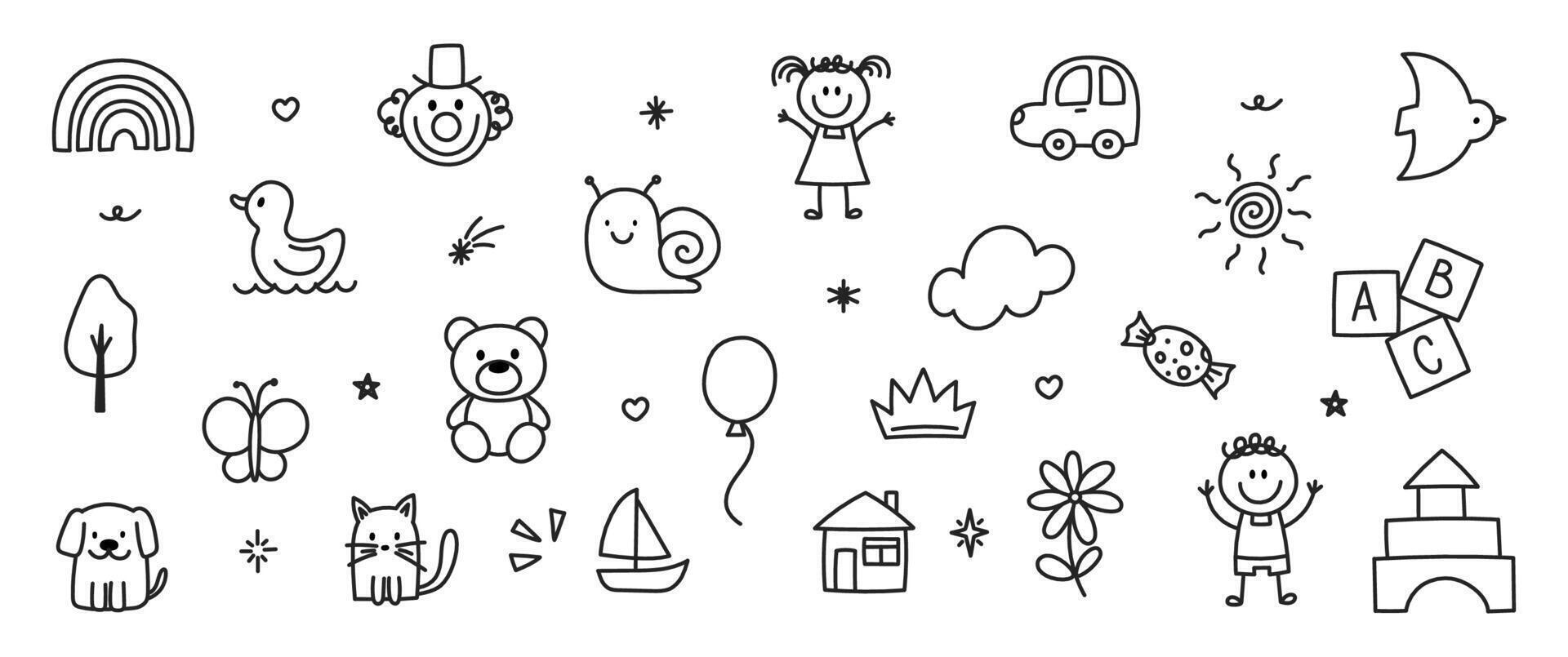 Set of doodles for kids. Kindergarten illustration with snail, car, bird and sun in hand drawn style. vector
