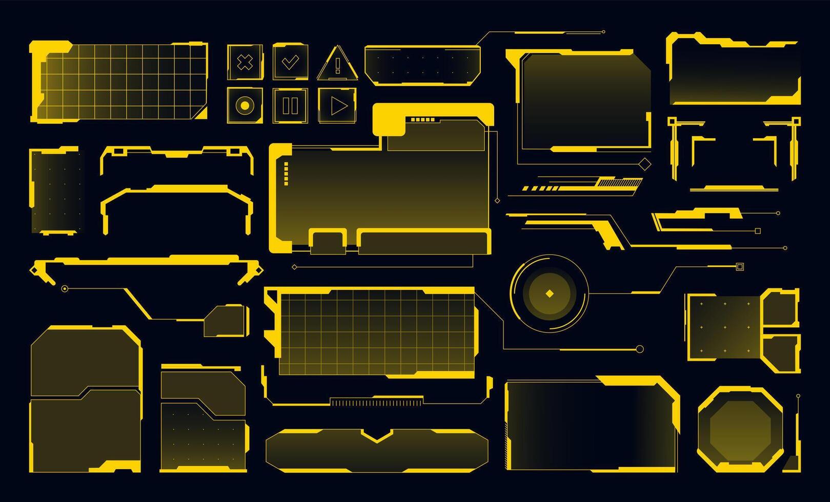 Futuristic tech HUD interface elements. Digital control panels, cyber UI frames, digital buttons, callout bar, Sci Fi screens with grid patterns and dashboard message window frame set vector