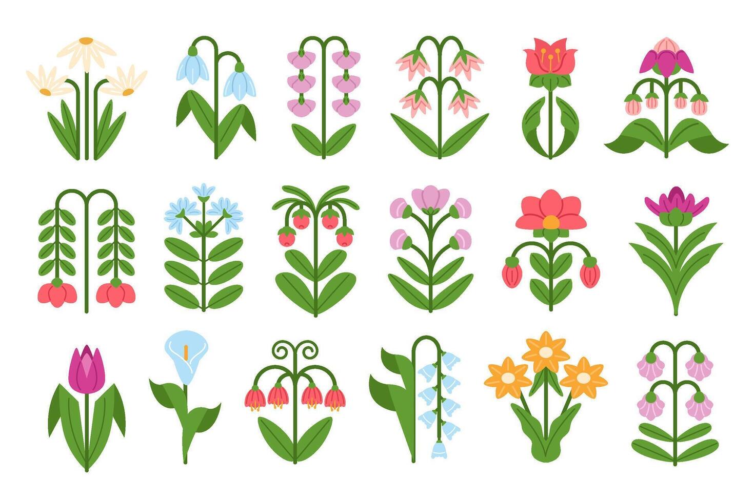 Abstract flowers. Symmetrical floral doodles, spring snowdrop, daisies, tulips and bluebells plants with flower and leaves. Botanical decorations illustrations set vector