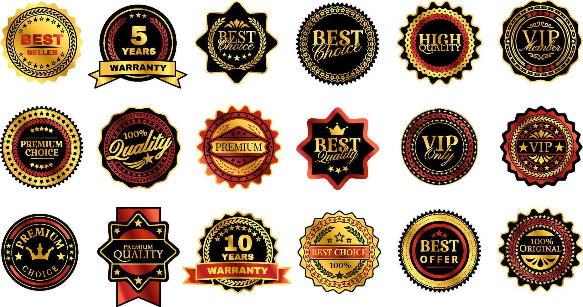 Retro premium badges. High quality sticker, VIP member icon, golden warranty badge and premium quality decorative labels. Best choice, seller and offer tags set vector