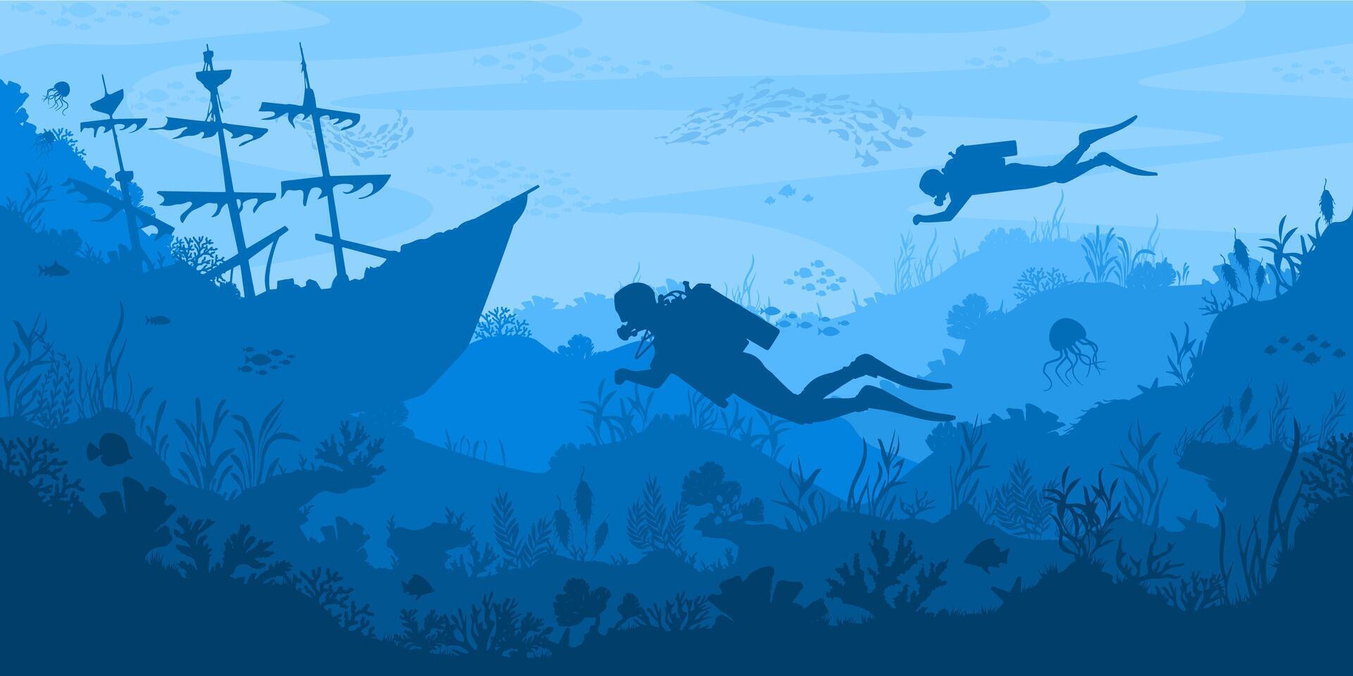 Diving silhouette landscape. Underwater adventure with scuba divers exploring marine life, sunken ship and coral reef. Deep sea exploration layered aquarium background illustration vector