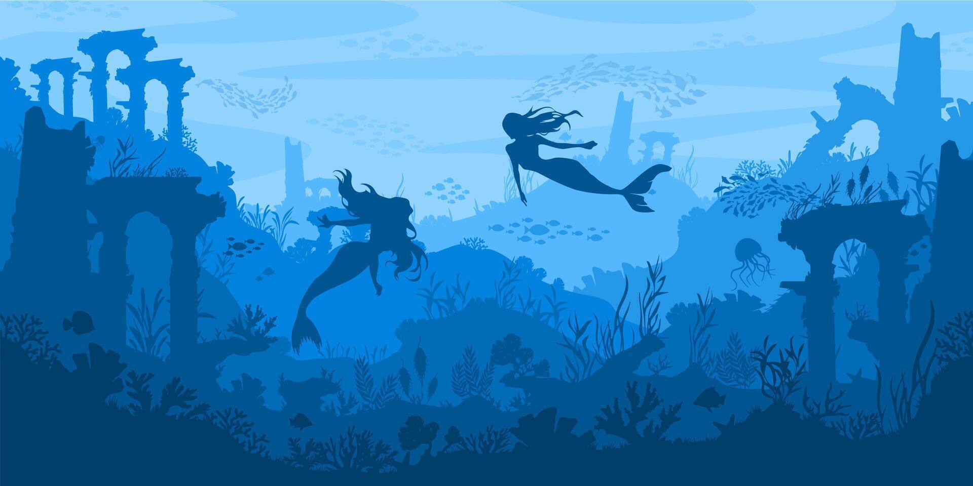 Mermaid sea landscape. Atlantis underwater ancient ruins, mystical ocean fantasy world with coral reef and marine life. Layered silhouette background illustration vector