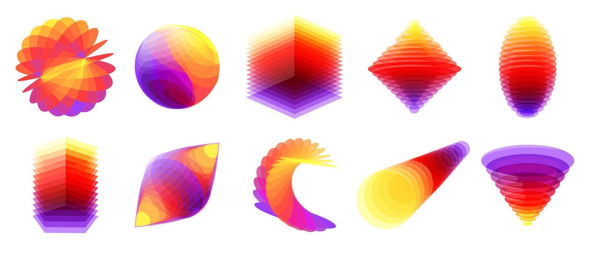 Overlapped 3D shapes. Layered color glass dynamic shape with colorful gradient overlay effect. Abstract translucent forms isolated illustration collection vector